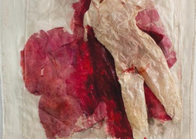 Μικτή τεχνική ( χειροποίητα χαρτιά κερωμένα, ακουαρέλα, νήμα κόκκινο, τζελ μίντιουμ, πάνω σε γάζα) διαστάσεις : 80Χ 60 εκ.