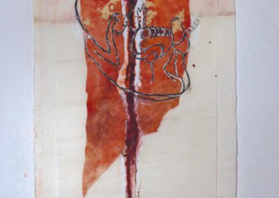 Μικτή τεχνική ( χειροποίητα χαρτιά κερωμένα, ακουαρέλα, νήμα κόκκινο και ασημί, τζελ μίντιουμ, πάνω σε γάζα) διαστάσεις : 83 Χ 35 εκ.