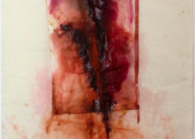 Μικτή τεχνική ( χειροποίητα χαρτιά κερωμένα, ακουαρέλα, τζελ μίντιουμ, πάνω σε γάζα) διαστάσεις : 74 Χ 49 εκ..